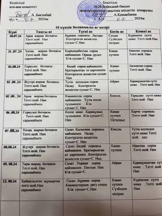 10 КҮНДІК МЕНЮ