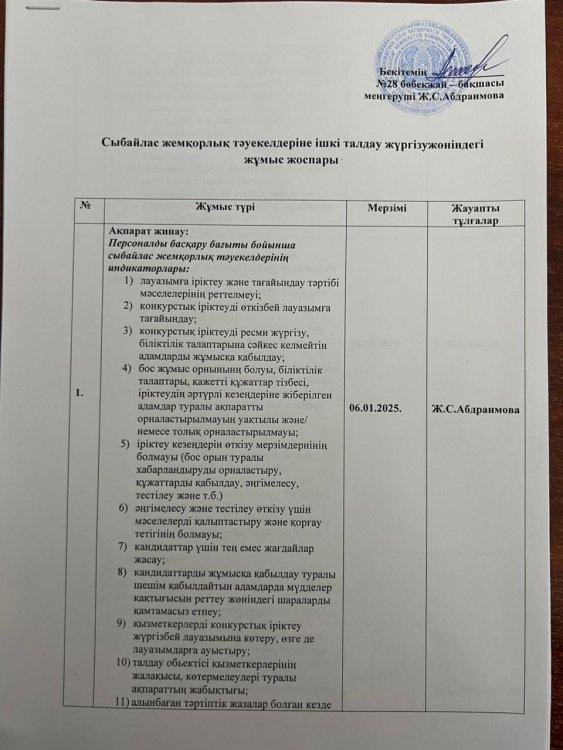 Сыбайлас жемқорлық тәуекелдеріне ішкі талдау жүргізу жөніндегі жұмыс жоспары