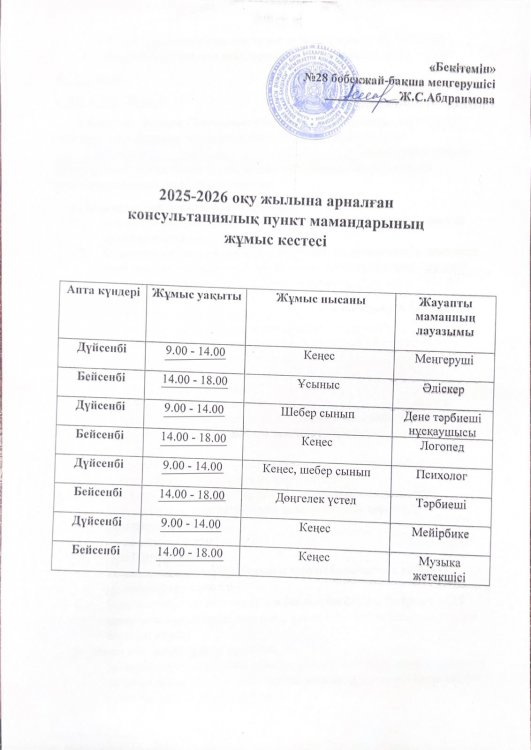 2025-2026 ОҚУ ЖЫЛЫНА АРНАЛҒАН КОНСУЛЬТАЦИЯЛЫҚ ПУНКТ МАМАНДАРЫНЫҢЖҰМЫС КЕСТЕСІ