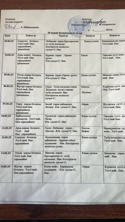 10 КҮНДІК МЕНЮ