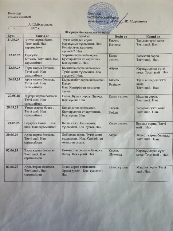 10 КҮНДІК МЕНЮ